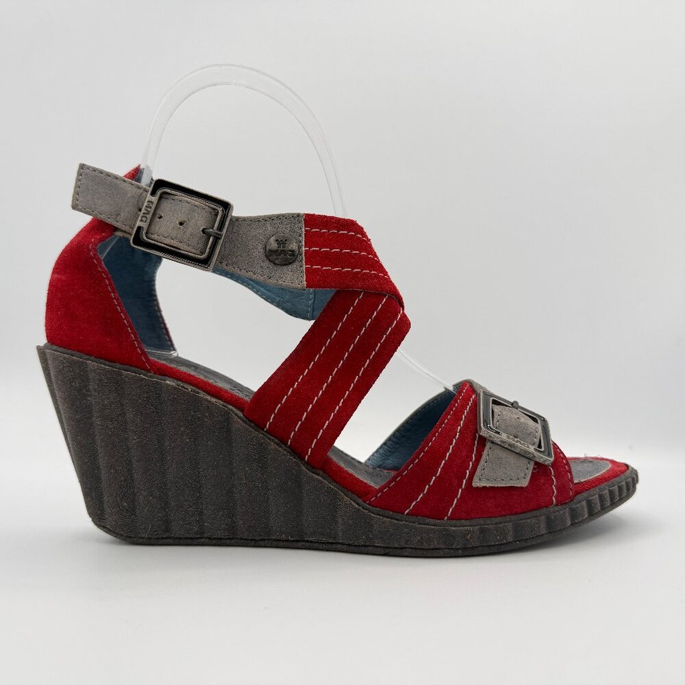 MAG Creative Footwear Red Grey Suede Leather Wedge Sandals Funky 37